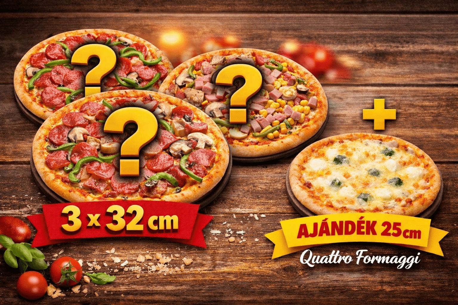 3 nagyot(32cm)fizet+1 kis(25cm) négysajtost vihet! /Kivéve az akciós ajánlat valamint az1,2 számú pizza/ Megrendelésnél automatikusan küldjük
